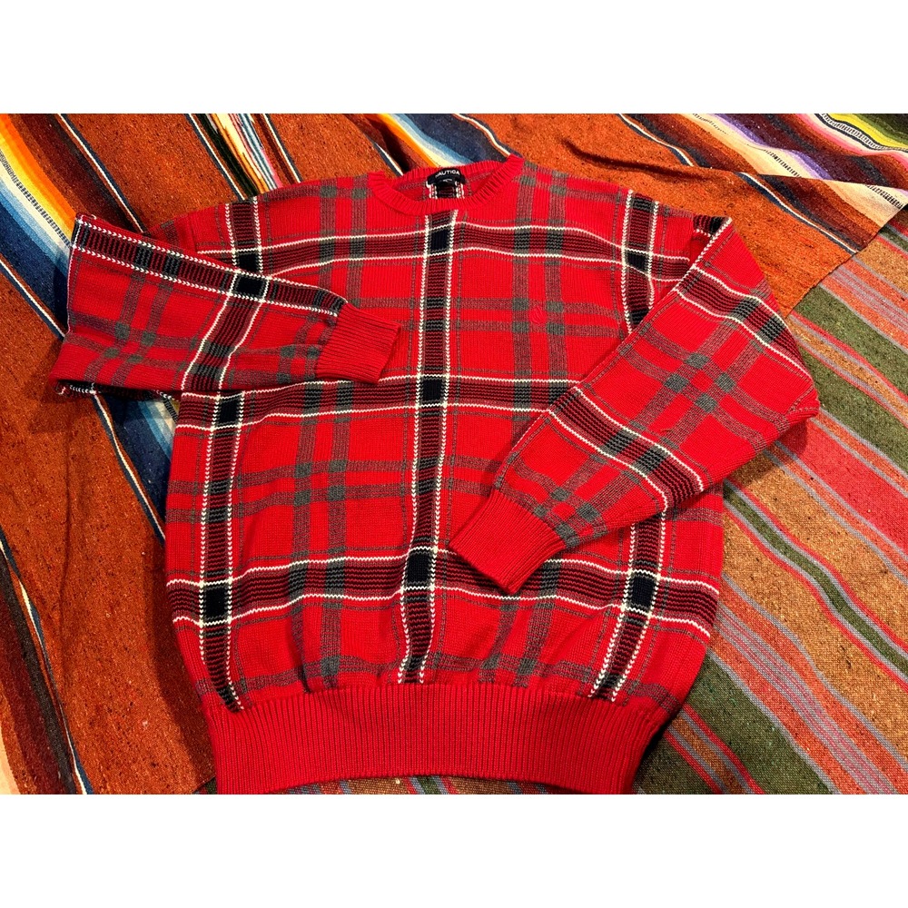 Vintage 90'S Nautica Check Pattern Cotton Knit Sweater Men's XL Chunky